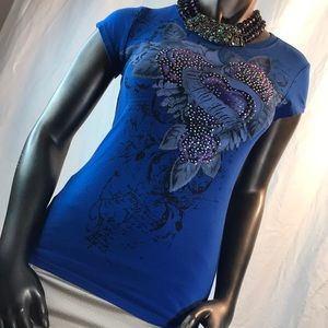 T-Shirt Rhinestones & heart floral blue S